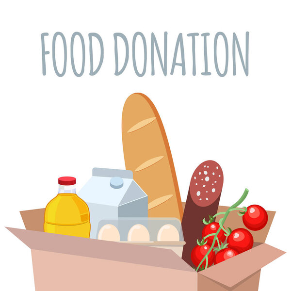 Box with different food and products for help. Support social care, volunteering and charity concept. Cartoon flat vector illustration.