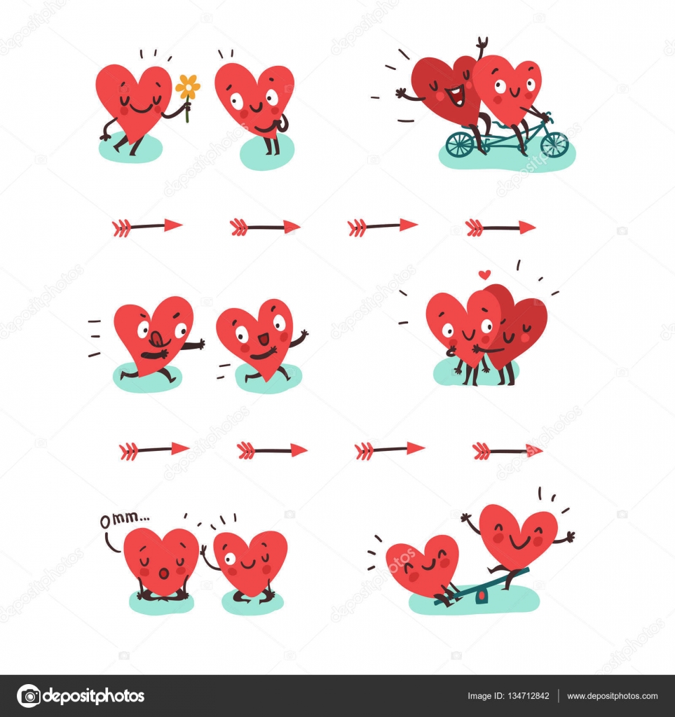 Concepto de pareja enamorada. Dos corazones haciendo actividades divertidas  juntos vector, gráfico vectorial © Creatarka imagen #134712842