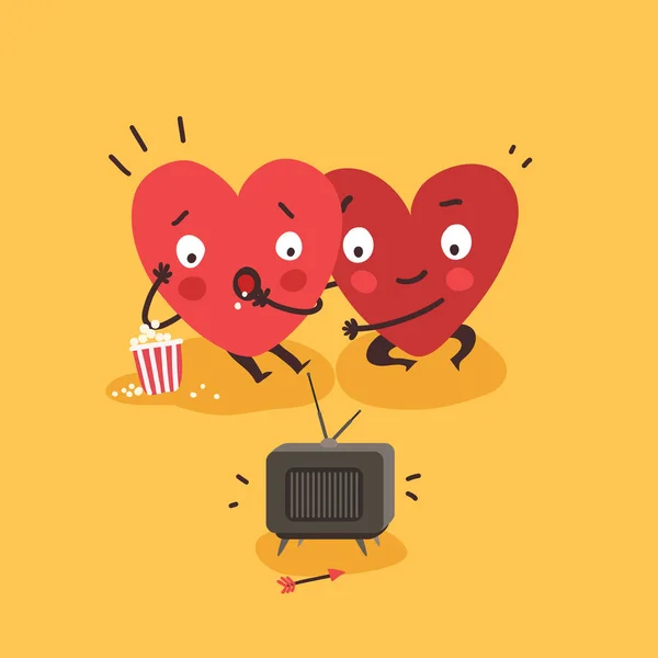 Pareja enamorada. Dos corazones felices viendo televisión juntos — Vector de stock