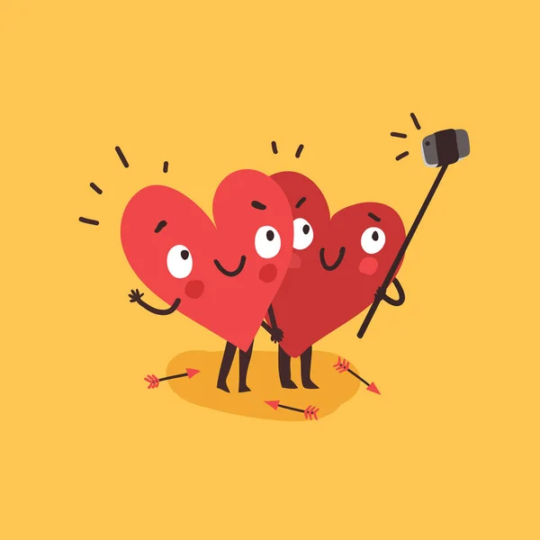 Pareja enamorada. Dos corazones felices haciendo selfie . — Vector de stock