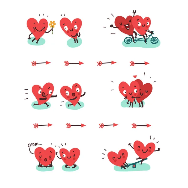 Concepto de pareja enamorada. Dos corazones haciendo actividades divertidas juntos — Vector de stock