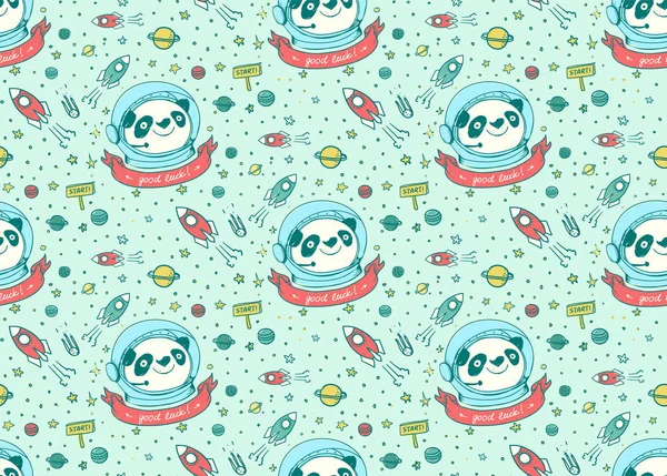Panda Astronaut and Cosmos seamless pattern — Stock Vector