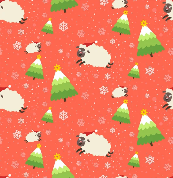 Patrón sin costuras de invierno con árboles de Navidad y ovejas — Vector de stock