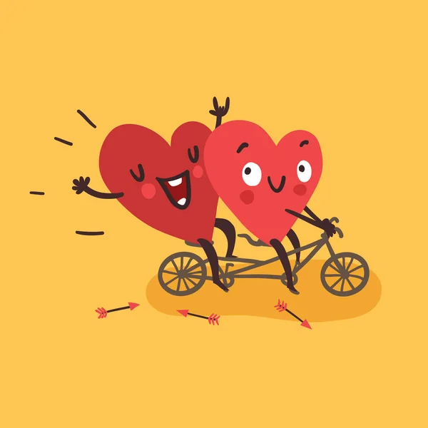 Pareja enamorada. Dos corazones felices en bicicleta — Vector de stock