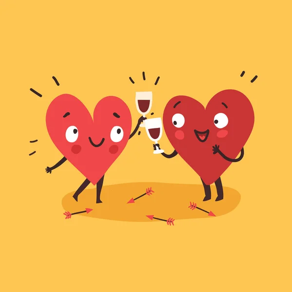 A pár a szerelem. Vörös bort iszik két boldog szív — Stock Vector