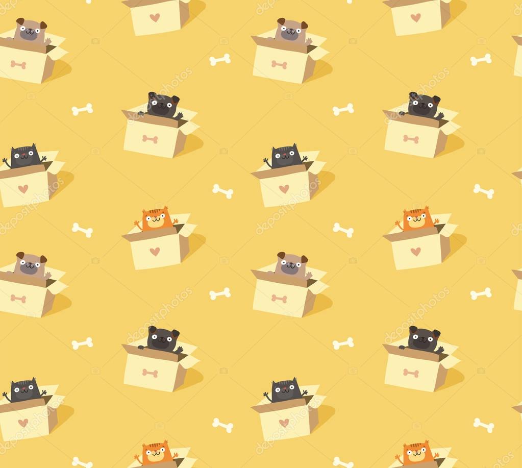 Cute pets seamless pattern. Cute cats and dogs sitting in cardboard boxes. Vector colorful illustration