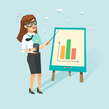 Smart business woman with cup in white shirt showing diagrams. Teacher with glasses showing presentation. Vector character in flat style.  clipart