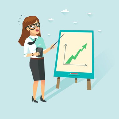 Smart business woman with cup in white shirt showing growing up chart. Student with glasses showing presentation. Vector character in flat style.  clipart