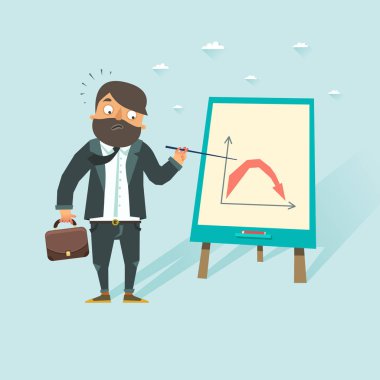 Ayı piyasası grafik düşen gösterilen kötümser iş adamı. Düşme eğilimi. Düz stil vektör çizim