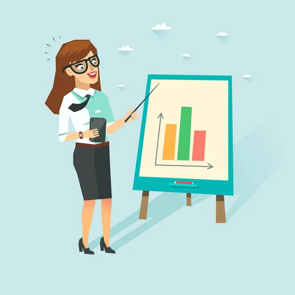 Smart business woman with cup in white shirt showing diagrams. Teacher with glasses showing presentation. Vector character in flat style. — Stock Vector
