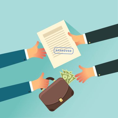 Yolsuzluk ve rüşvet iş kavramı içinde. Onların elinde tutan iki iş adamları onaylı kağıt ve para olgusu. Düz stil vektör çizim.
