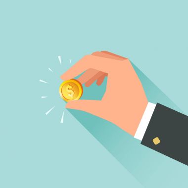 El ile bir altın sikke. Kaydetme para kavramı. Düz stil vektör renkli resimde  