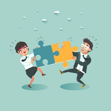 İş adamı ve iş kadını puzzle parçaları birlikte iterek