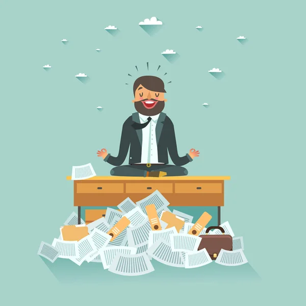 Overworked businessman meditating on office table under lots of — Stock Vector