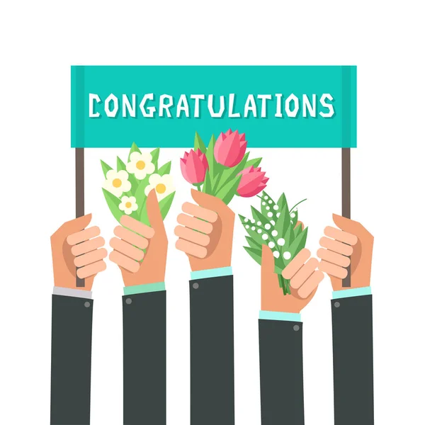 Businessmen mains tenant des fleurs et bannière Félicitations — Image vectorielle