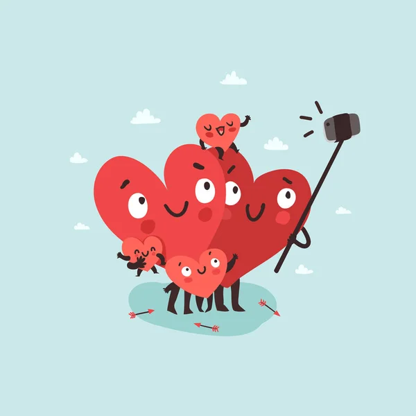 Selfie familiar. Corazones personajes como símbolos de amor y la familia haciendo selfie con el teléfono inteligente y palo selfie. Vector ilustración colorida — Archivo Imágenes Vectoriales