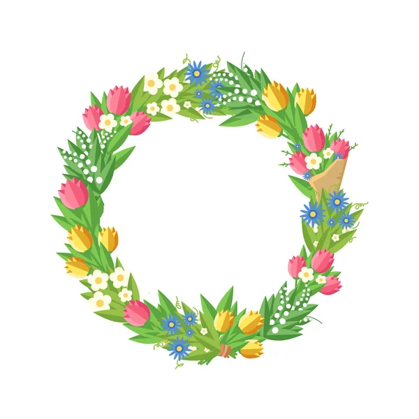 Flower wreath. Vector colorful illustration isolated on white with central space for your text. Greeting card or invitation template. — Stock Vector