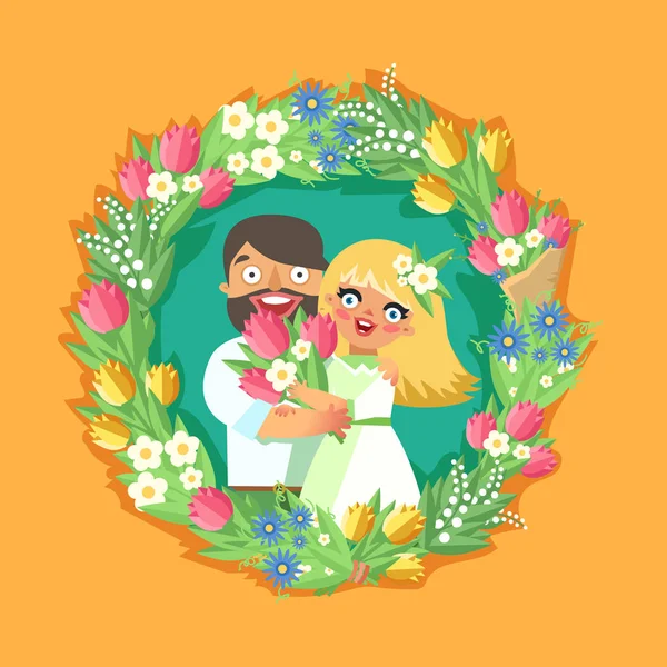 Casal amoroso em grinalda floral —  Vetores de Stock