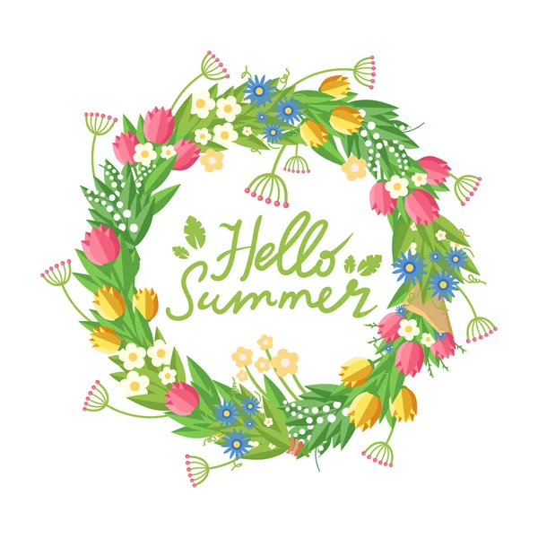 Flower wreath with hand drawn Hello Summer headline — Stock Vector