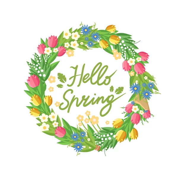 Flower wreath with hand drawn Hello Spring headline — Stock Vector