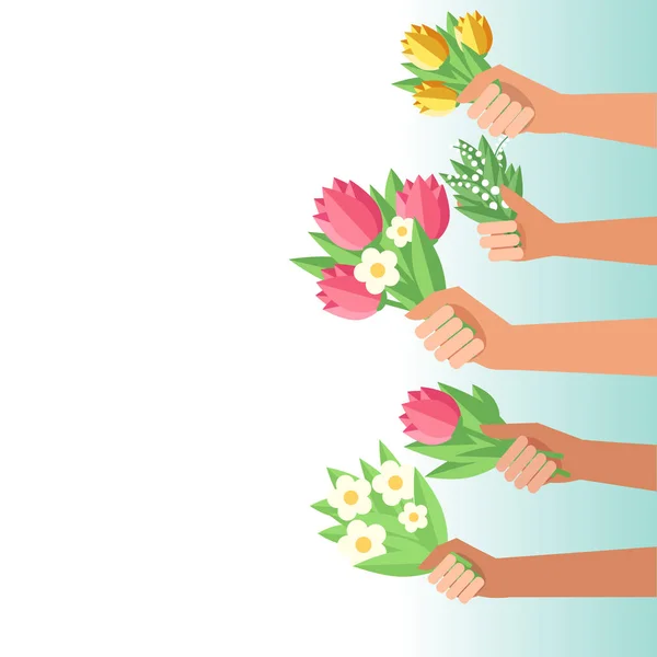 La foule des jeunes mains tenant des bouquets de fleurs — Image vectorielle