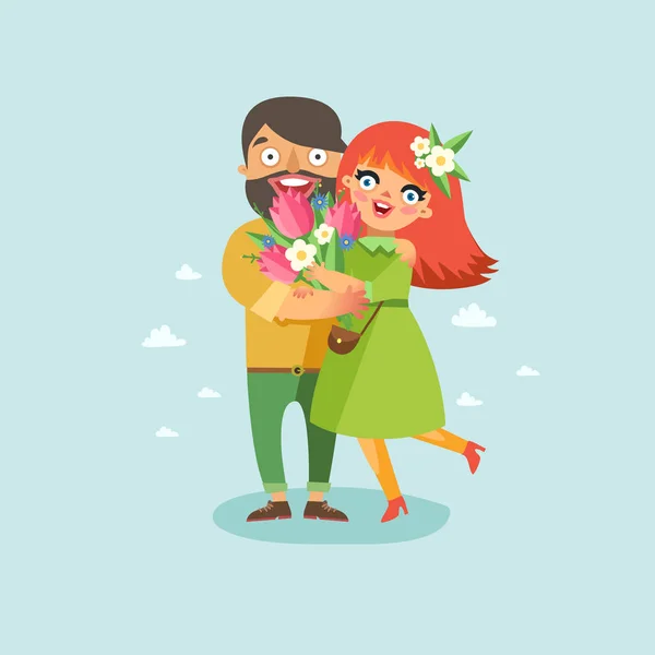 Happy νεαρό ζευγάρι. Γυναίκα που κρατά μια ανθοδέσμη των λουλουδιών — Διανυσματικό Αρχείο