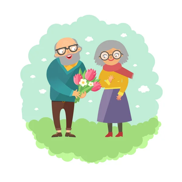 Old man giving bouquet of flowers to old woman — Stock Vector