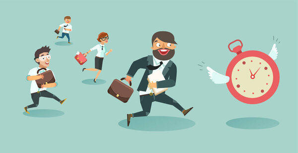 Crowd of businessmen running race. Workers run after the clock