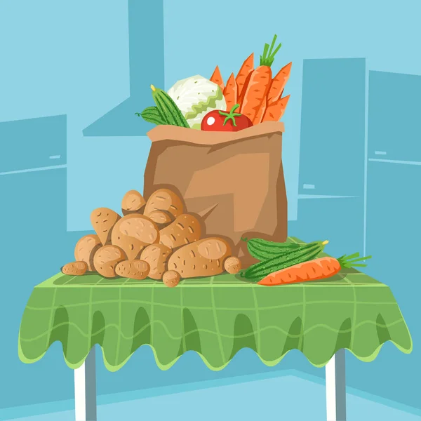 Bolsa de papel llena de verduras frescas en la mesa de la cocina — Vector de stock