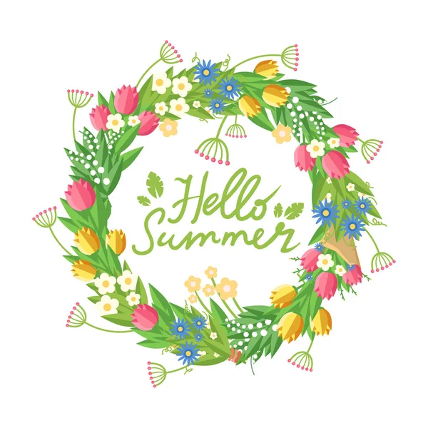 Blomsterkrans Med Handritad Hello Summer Rubrik Vektor Färgglada Illustration Isolerad Royaltyfria Stockvektorer