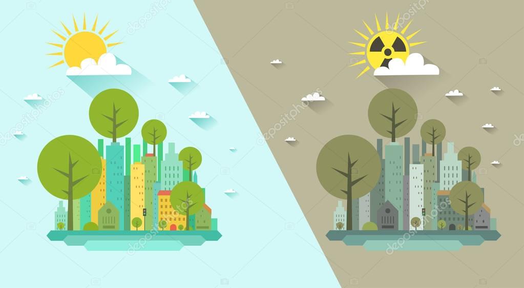Ecology vs Nuclear radiation concept. Ecological green city vs nuclear disaster. Sun with radiation sign on sky clouds backgrounds. Vector colorful illustration in flat style