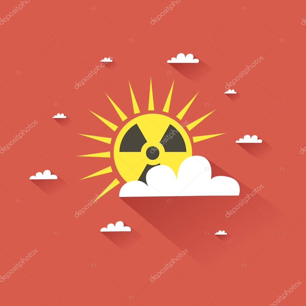 Solar or Nuclear radiation concept. Sun with radiation sign on red sky clouds backgrounds. Vector colorful illustration in flat style