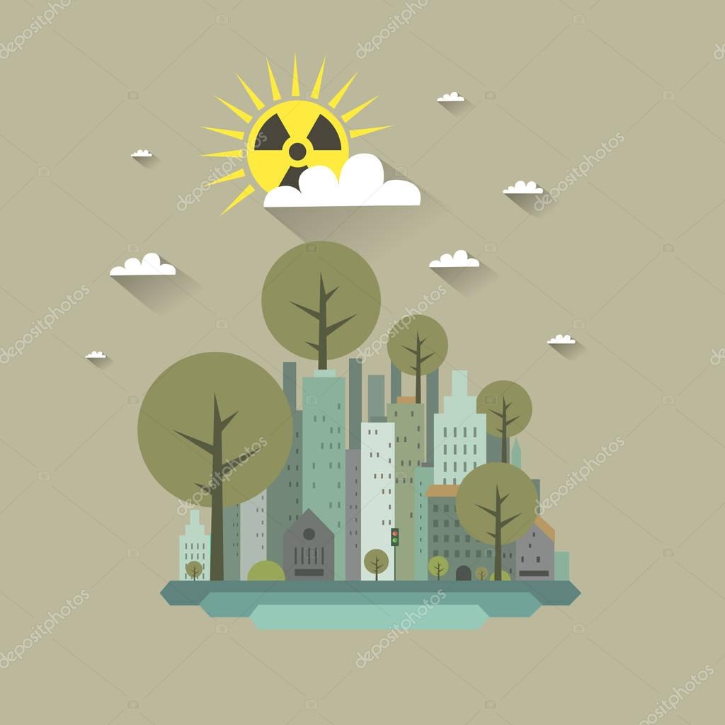 Nuclear radiation concept. Chernobyl disaster. Sun with radiation sign on sky clouds backgrounds. Radioactive winter. Vector colorful illustration in flat style