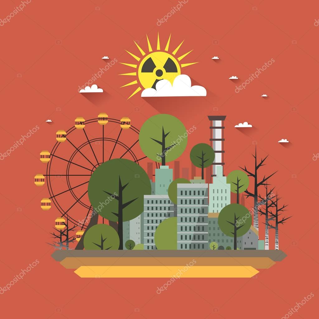 Nuclear radiation concept. Chernobyl disaster. Sun with radiation sign on sky clouds backgrounds. Radioactive winter. Vector colorful illustration in flat style