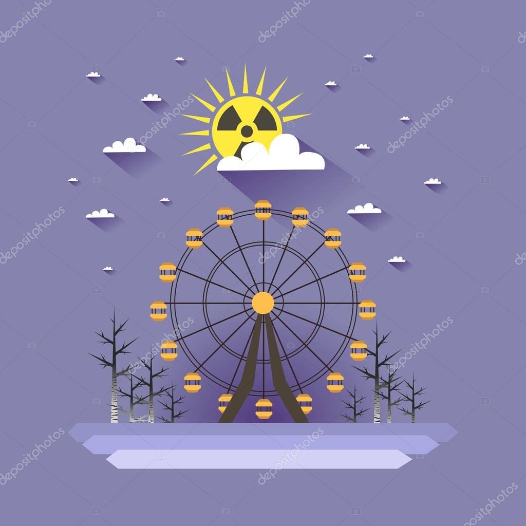Chernobyl disaster. Nuclear radiation concept. Sun with radiation sign on sky clouds backgrounds. Radioactive winter. Vector colorful illustration in flat style