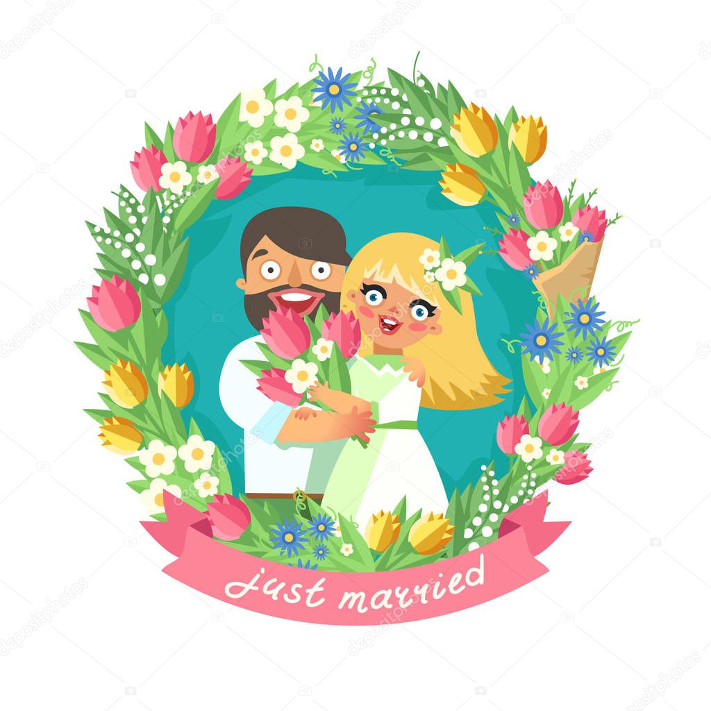 Happy hugging young man and woman in rounded floral frame 