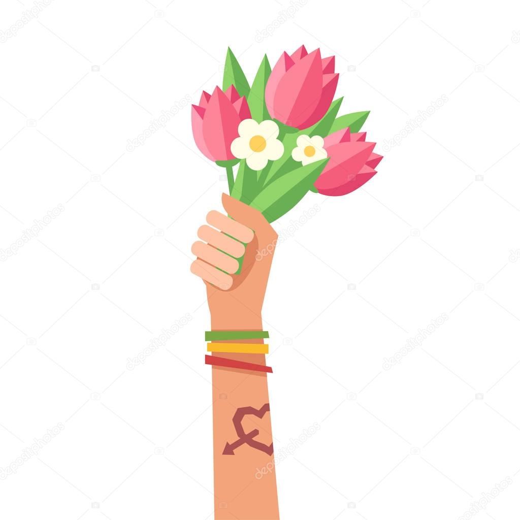 Hand up holding bouquet of flowers