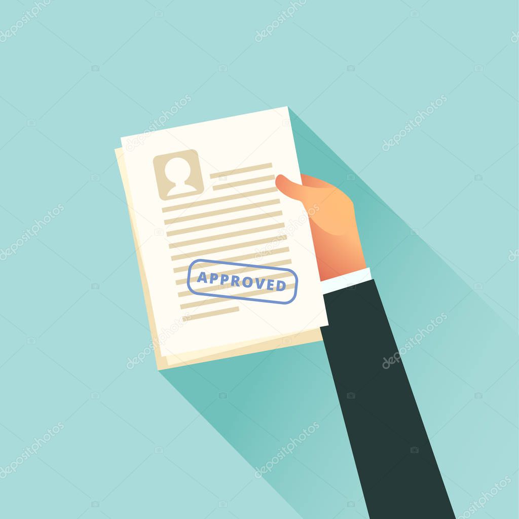 Hand holds approved paper document. Vector illustration in flat design style