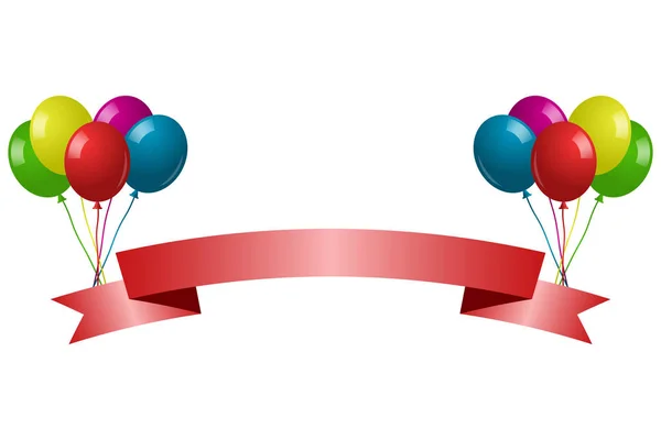 Feliz cumpleaños fondo con conjunto de globos de colores. Cinta roja festiva en bolas inflables de aire brillante — Vector de stock