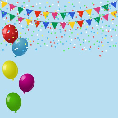 Arka plan kutlamak. Balonlar ve bayrakları ile şenlikli parlak arka plan