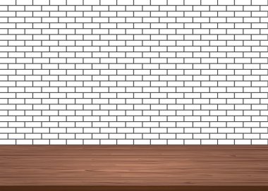 Boş ahşap masa üstü tuğla beyaz duvar arka plan üzerinde