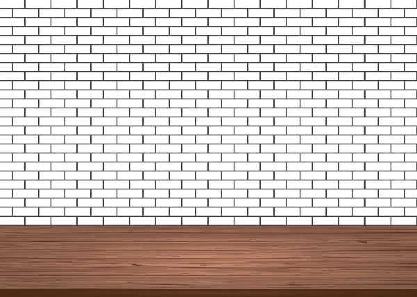 Mesa de madera vacía sobre fondo de pared de ladrillo blanco — Vector de stock