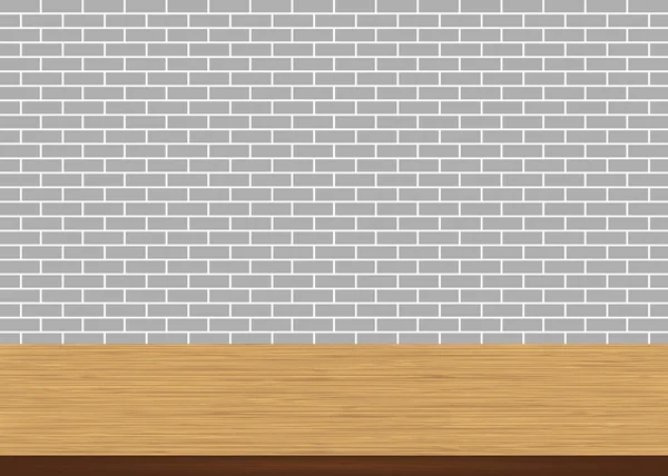 レンガ灰色の壁の背景の空の木製のテーブル — ストックベクタ