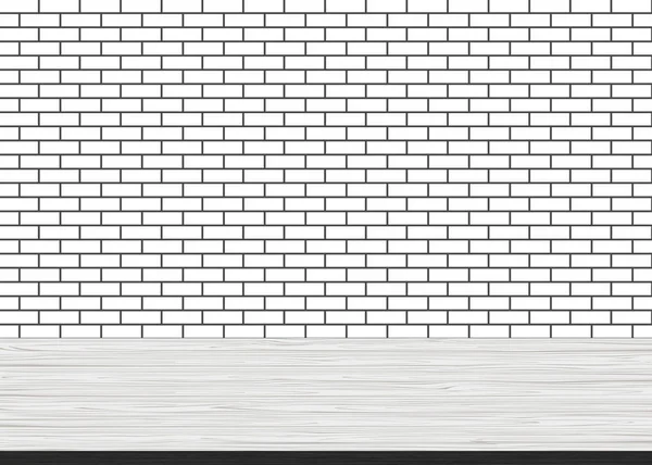 レンガ壁の白い背景の空の木のテーブル — ストックベクタ