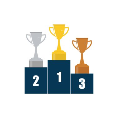 Beyaz arkaplanda izole edilmiş fincanlarla kazananlar podyumu