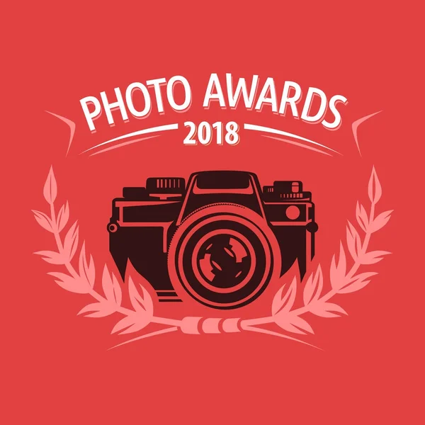 Kırmızı fotoğraf ile fotoğraf makinesi etiket ve dalları Ödülleri — Stok Vektör