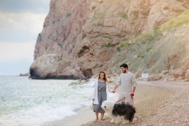 mutlu genç çift ile tüylü köpek Sahilde yürüyüş elele