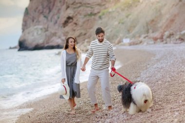mutlu genç çift ile tüylü köpek Sahilde yürüyüş elele