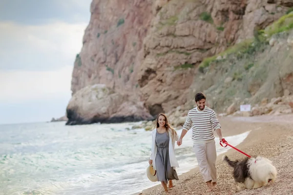 mutlu genç çift ile tüylü köpek Sahilde yürüyüş elele