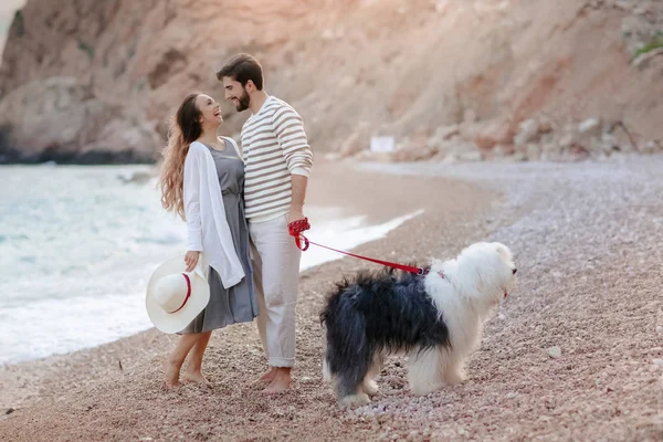 Longitud Completa Joven Pareja Abrazando Caminar Con Perro Esponjoso Playa —  Fotos de Stock